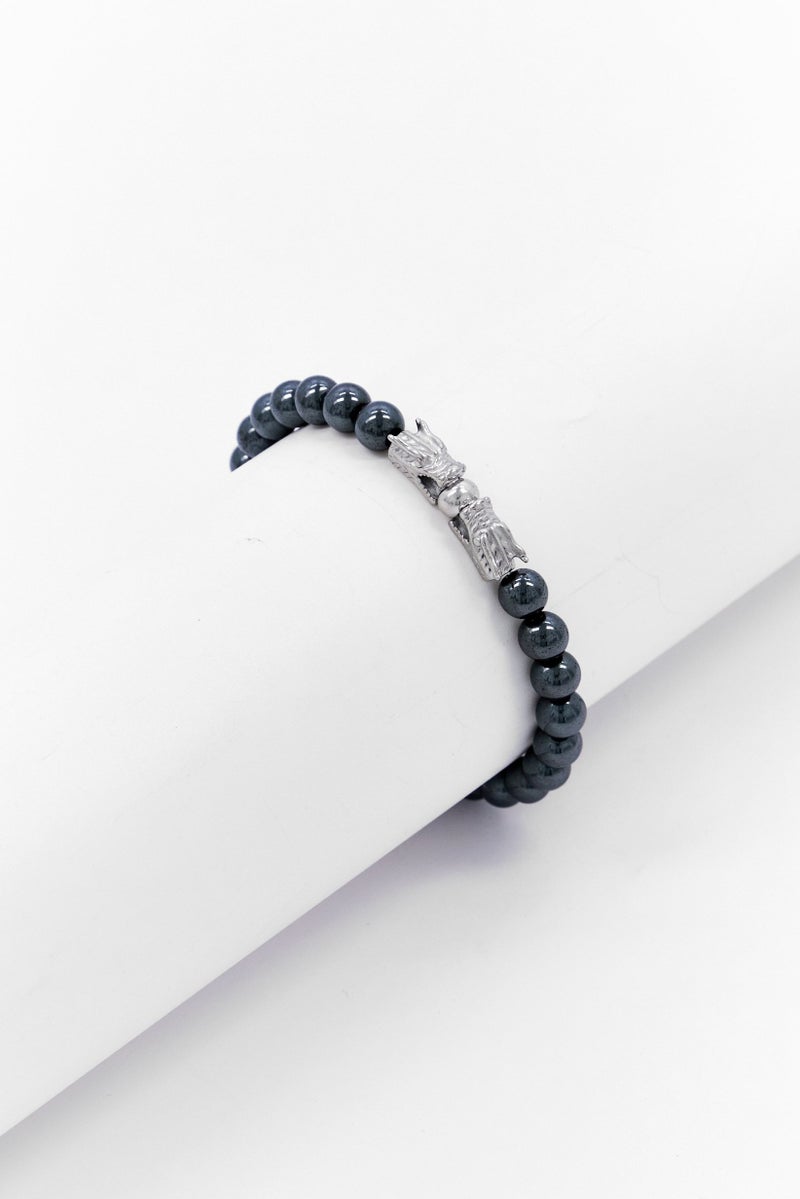 Steeltime Men Hematite Beads And Stainless Steel Dragon Accents Bracelet, Black - Image 1